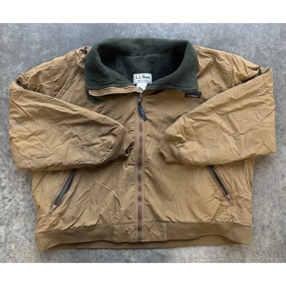 Vintage 80s L.L. Bean Warm Up Bomber Jacket Outdoor Green Fleece Lining Size 2XL